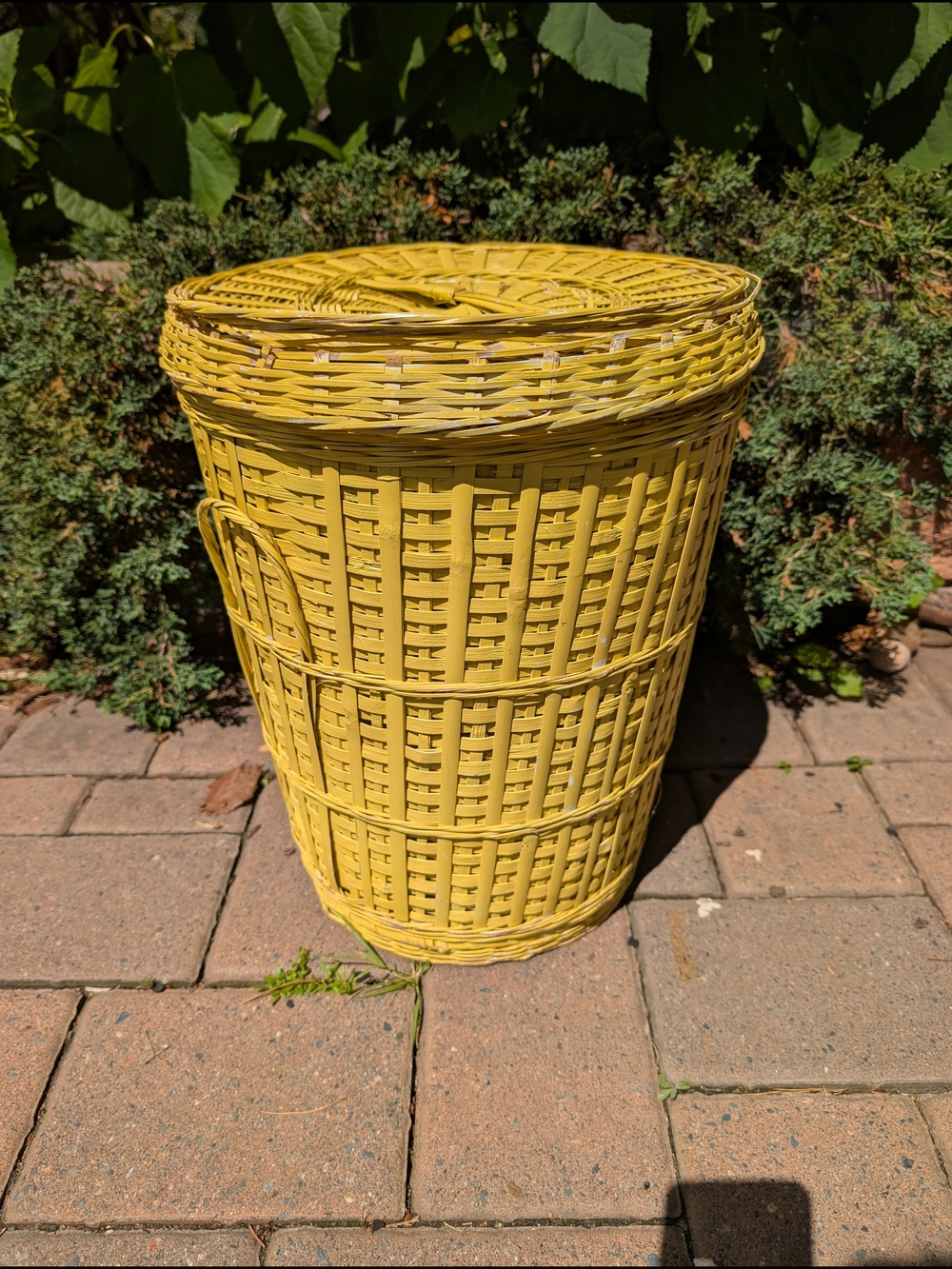 Vintage Yellow Wicker Laundry Hamper Basket with Lid & Interior Liner